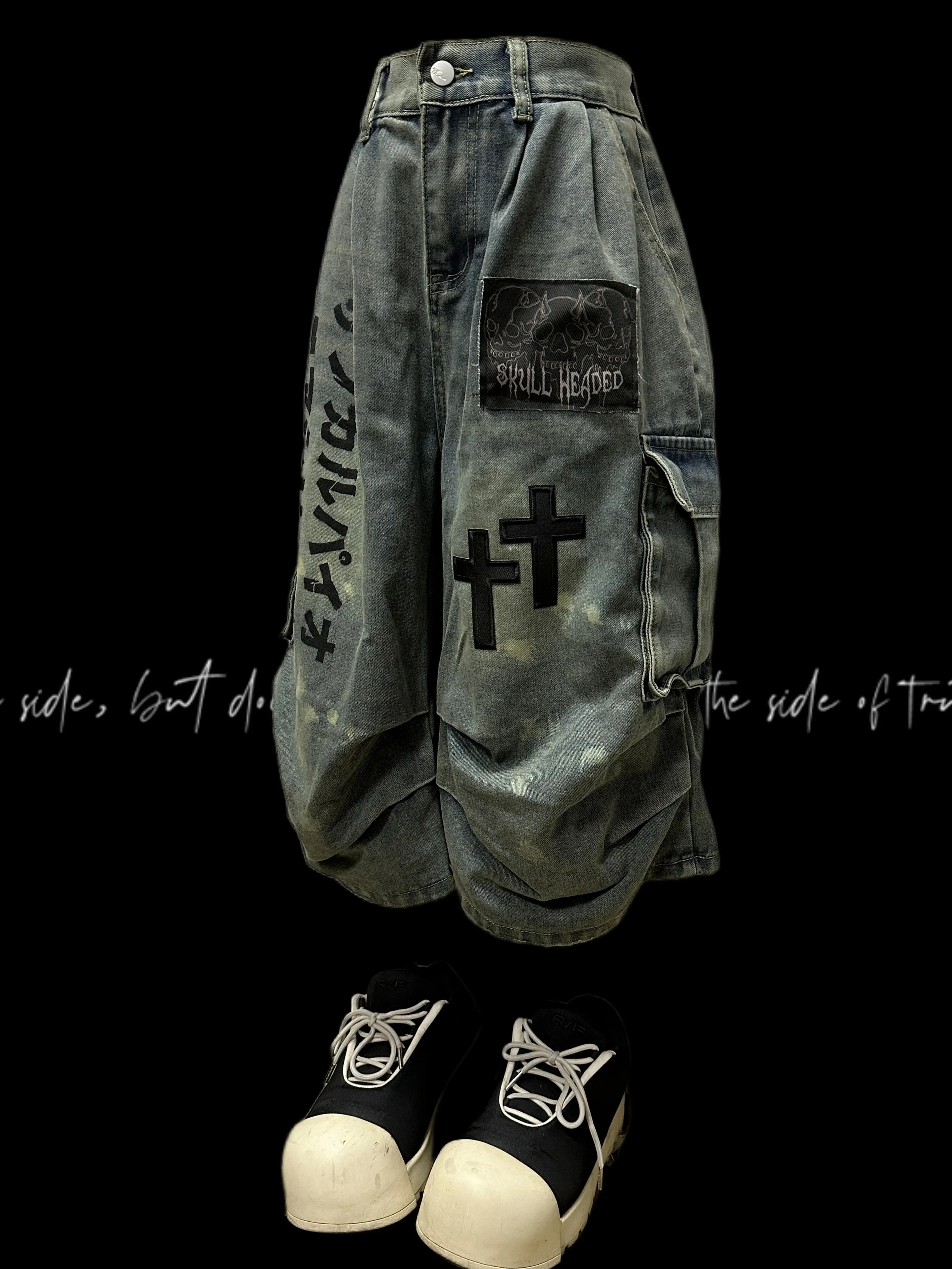 

Japanese Style Dark Cropped Jeans Baby Boy and Girl Summer Waste Soil Distressed Pleated Patch Wide Leg Middle Pants