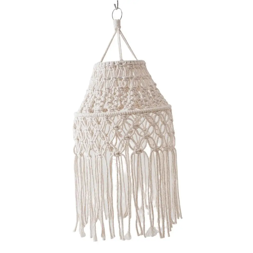 Macrame Lampshade Hand Knitted Light Shade Nordic Tassel Chandelier Cover Beige for Cafe Hallway Restaurant Dorm Room Nursery