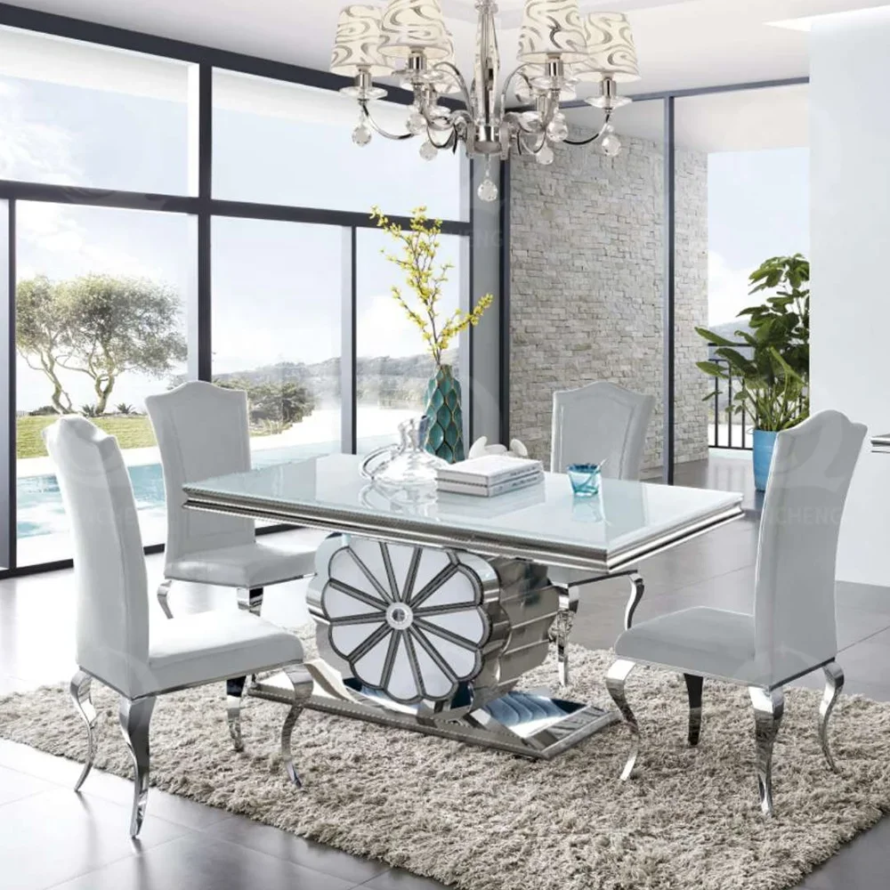 Modern flower stainless steel dinning table set dining room furniture with 8 chairs white gloss glass