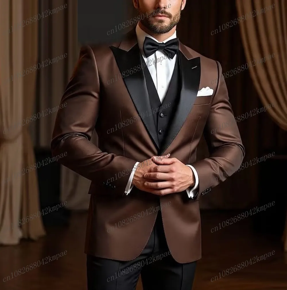 

Темно-коричневый ацетатный атлас и черный деловой мужской костюм для жениха, жениха, свадебной вечеринки, выпускного вечера, мужской смокинг, комплект из 3 предметов, блейзер, жилет, брюки