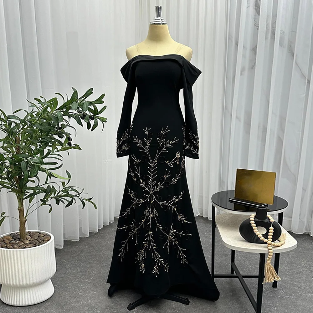 فستان سهرة بأكمام طويلة ورقبة قارب مخصص أنيق مطرز بالخرز ومطرز سويب تراين رداء De Soiree فستان حفلات عربي