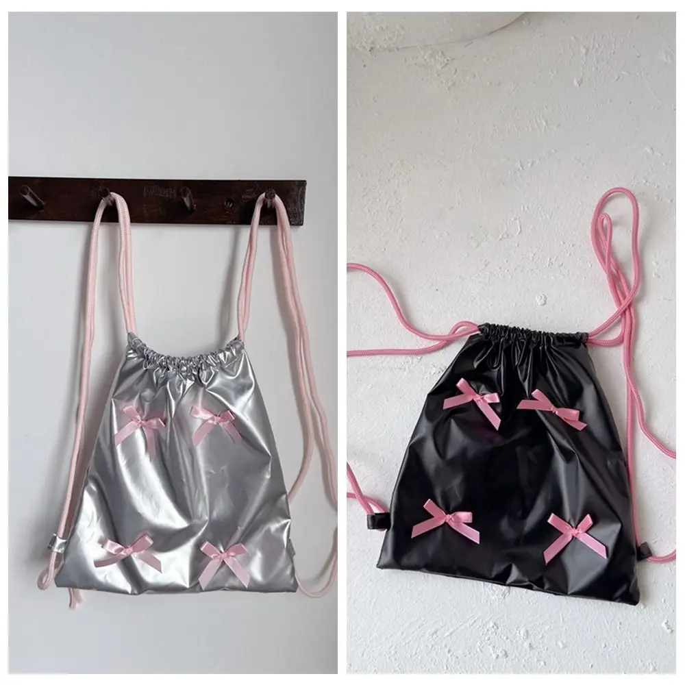 Mochila fruncida de nailon con lazo para niños y niñas, bolso de hombro de gran capacidad, Color sólido, Color plateado, estilo coreano