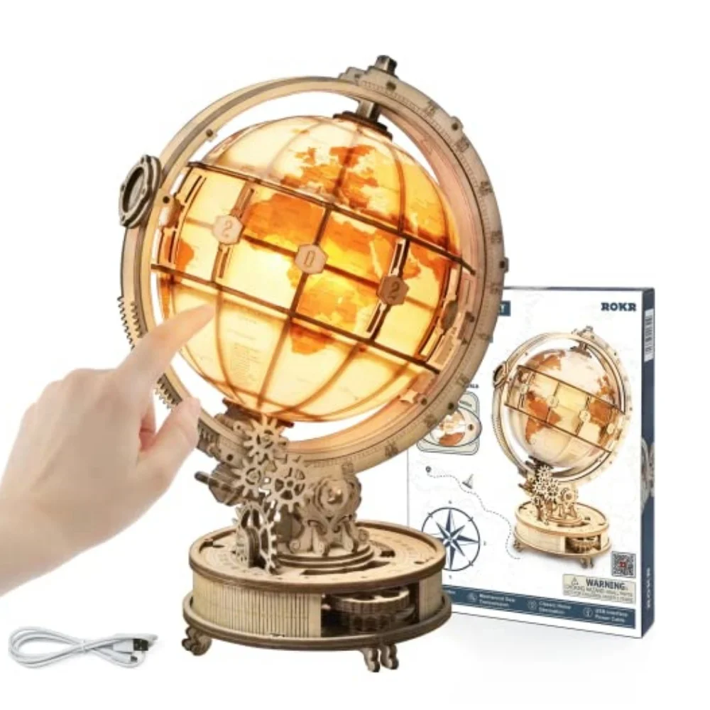 Robotime Wooden Puzzles Luminous Globe ST003 Toy Building Sets Wooden Globe Model Kits with LED Light for Adults