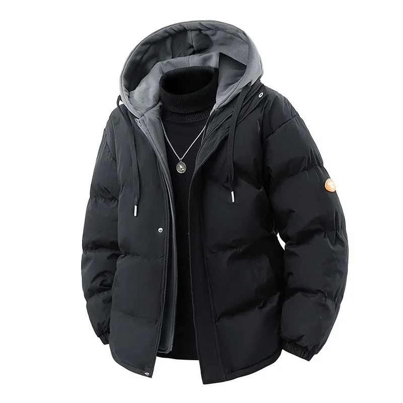 2025 masculino quente parkas casual algodão-acolchoado jaqueta de inverno na moda falso de duas peças com capuz pão algodão-acolchoado jaquetas casacos