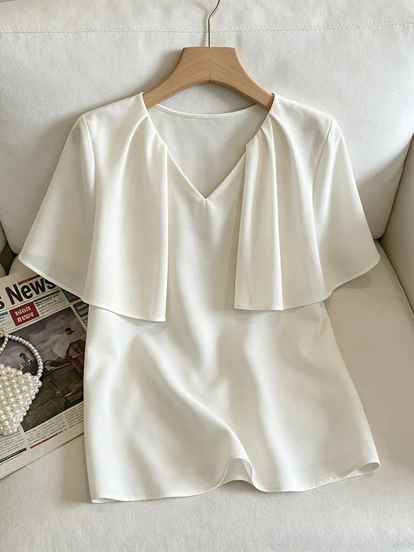 

plus Size Women's Summer 2026 Batwing Sleeve Shirt V-Neck Loose Fit Slimming White Casual Fashion Korean Style Top