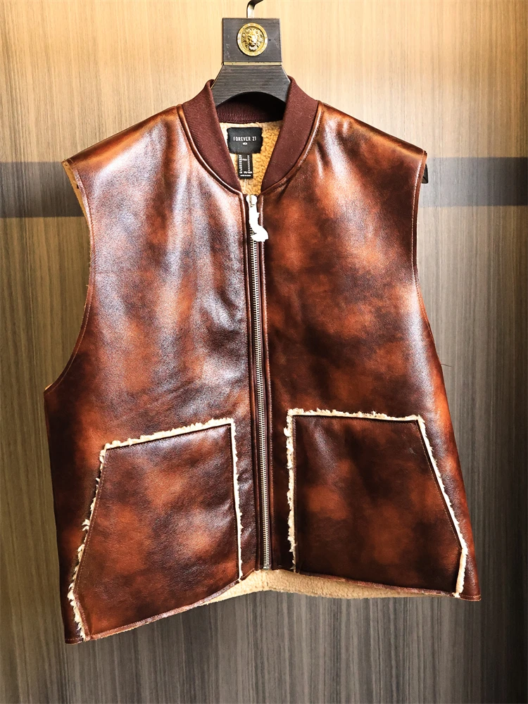 

Модный жилет из искусственной кожи с бейсбольным воротником на подкладке, мужской осенне-зимний жилет из кожи и меха с интегрированным цветом