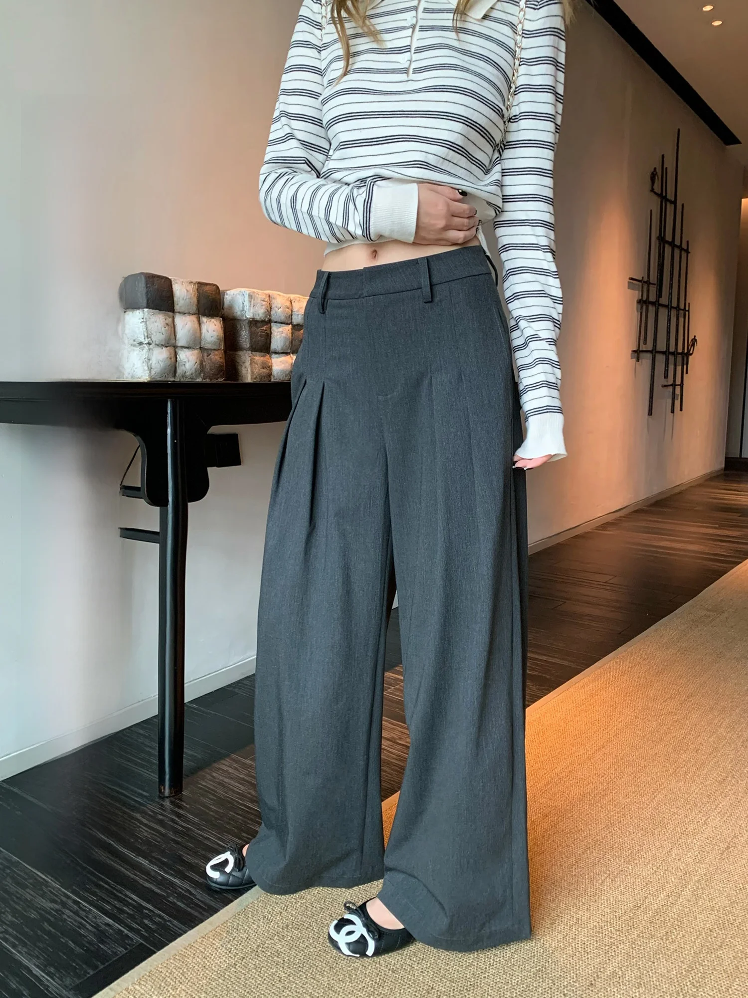 

Yuzhiqi Chic ey Wide Leg Pants Women's Pleated Loose Fit Versatile Casual Trousers Commute Sle Long Pants