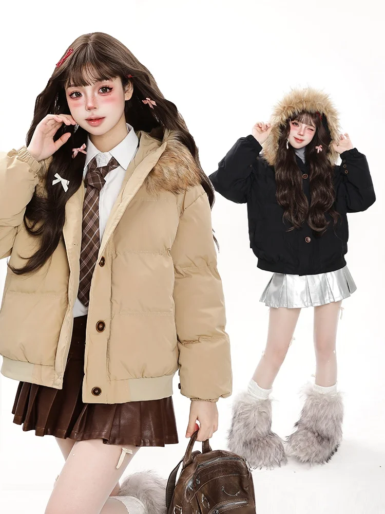 

Thiened Hooded Parka Cotton Jaet Women's Winter New Sle Ultra Cute Fur Collar Inserted Cotton Outerwear Casual Sle