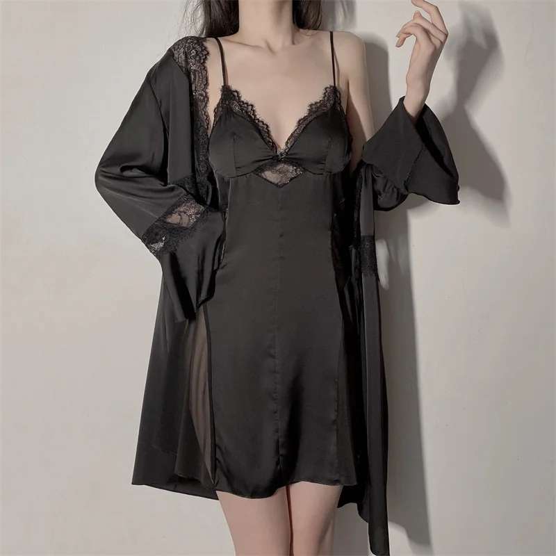 

Lace Twinset Robe Set Sexy Perspective Nightdress Spring Summer Women Kimono Bathrobe Nightgown Loose Thin Satin Home Dress