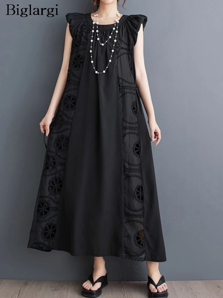 

Oversized Summer Sleeveless A-Line Dress Women Embroidery Hollow Out Patchwork Fashion Ladies Dresses Loose Pleated Woman Dress