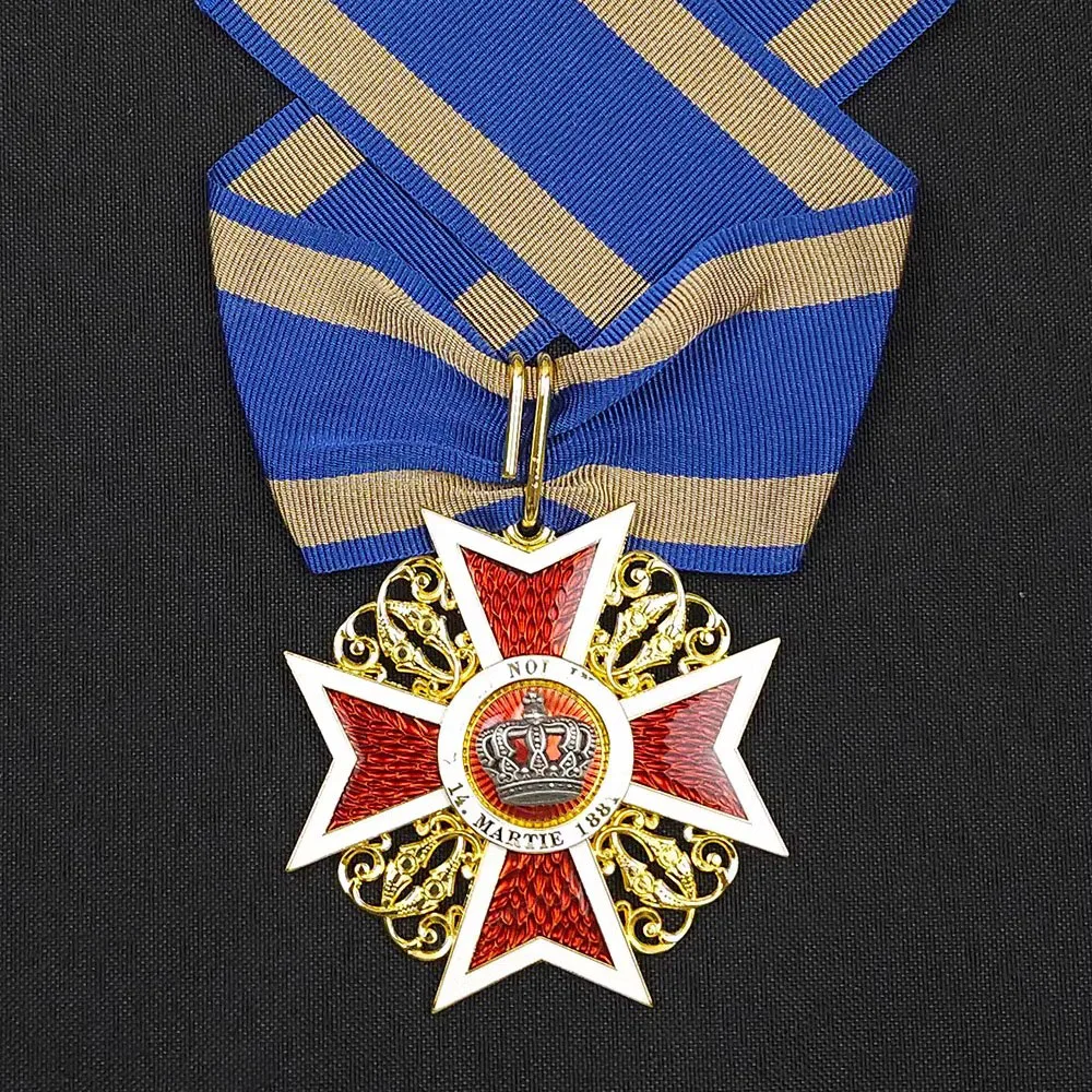 Romanian Crown Cross Medal Golden and Silvery Ribbon Badge Decoration Craft Collection Gift for Men and Women
