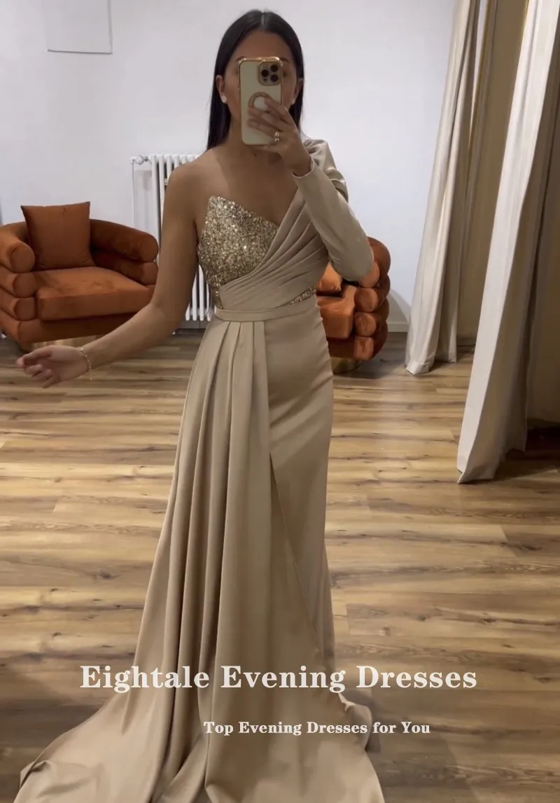 Eightale Arabic Evening Dresses One Long Sleeve Satin Mermaid Prom Gown Satin Champagne Wedding Guest Party Gown Robes De Soirée