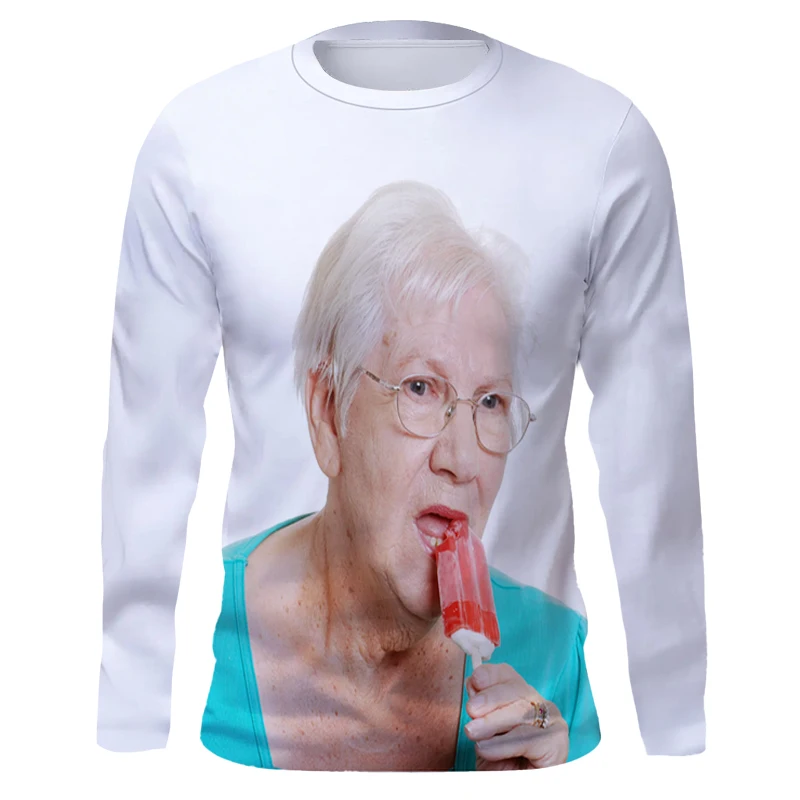 Hip Hop Fashion Haute Couture Licking Red Popsicle Print Spring And Autumn Men's Long Sleeve T-Shirt Kawaii Grandma Fun Top