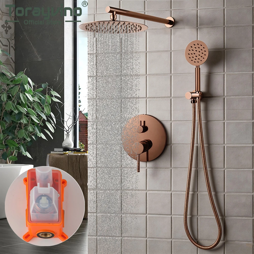 

Torayvino Rose Gold 8" Round Rainfall Spout Bathroom Shower Faucet Wall Mounted Hand Showers Rotate Bathtub Mixer Water Tap Set