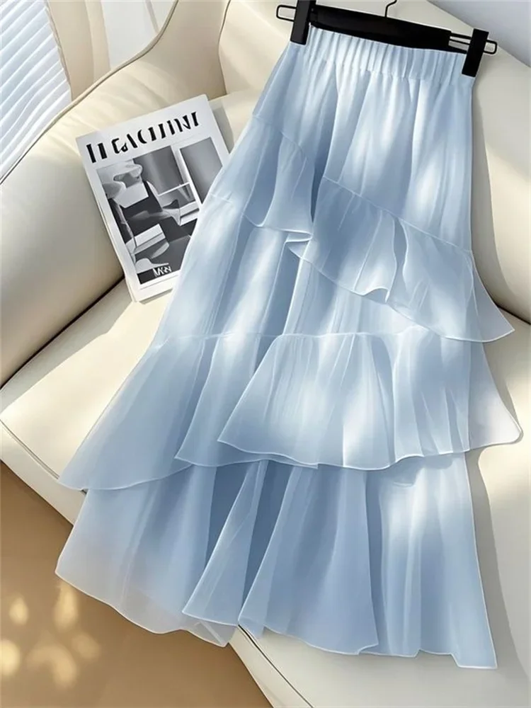 2026 Spring Summer Female New Design Beautiful Cake Skirt High Waist Blue Chiffon Skirt A-line Long Skirt Women Elegant Ruffles