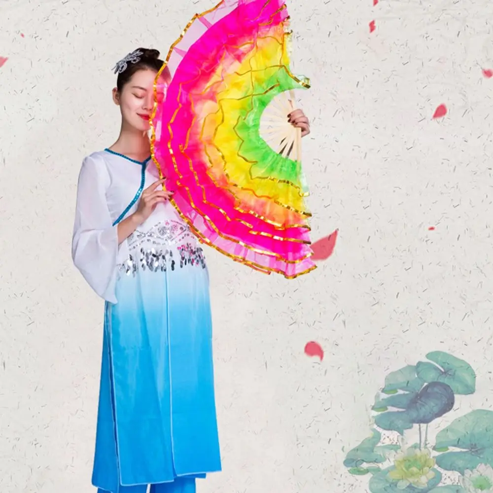 Kid Women Gradient Color Long Imitation Silk Fans Belly Dancing Fan Rayon Silk Fans Long Silk Fans