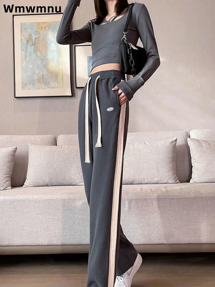 الجانب مخطط عالية الخصر مرونة الخصر السراويل المستقيمة الكورية موضة فضفاض واسعة الساق بنطلونات المرأة Sweatpants فضفاضة غير رسمية