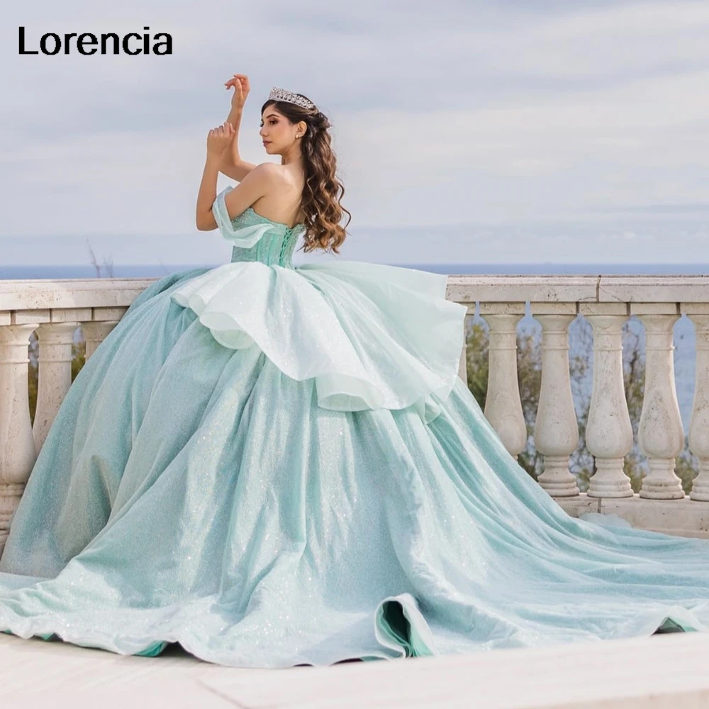 

Lorencia блестящее Мятное платье Quinceanera бальное платье блестящие аппликации кристаллы многоярусный корсет милое 16 Vestidos De 15 лет YQD947