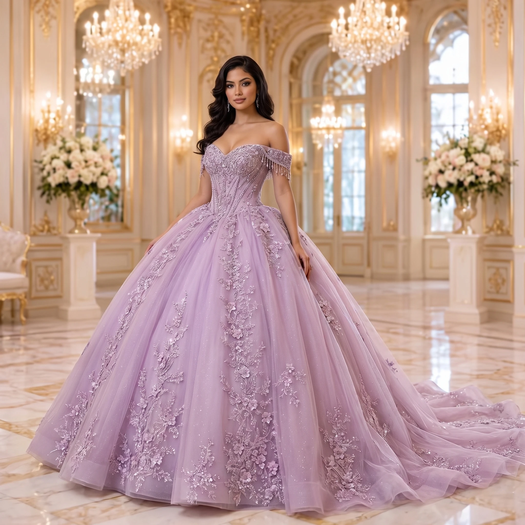 Princess Ball Gown Quinceanera Dresses Glitter Sequins Off Shoulder Vestido De 15 Anos Customized Mexican Crost Sweet 16 Gowns
