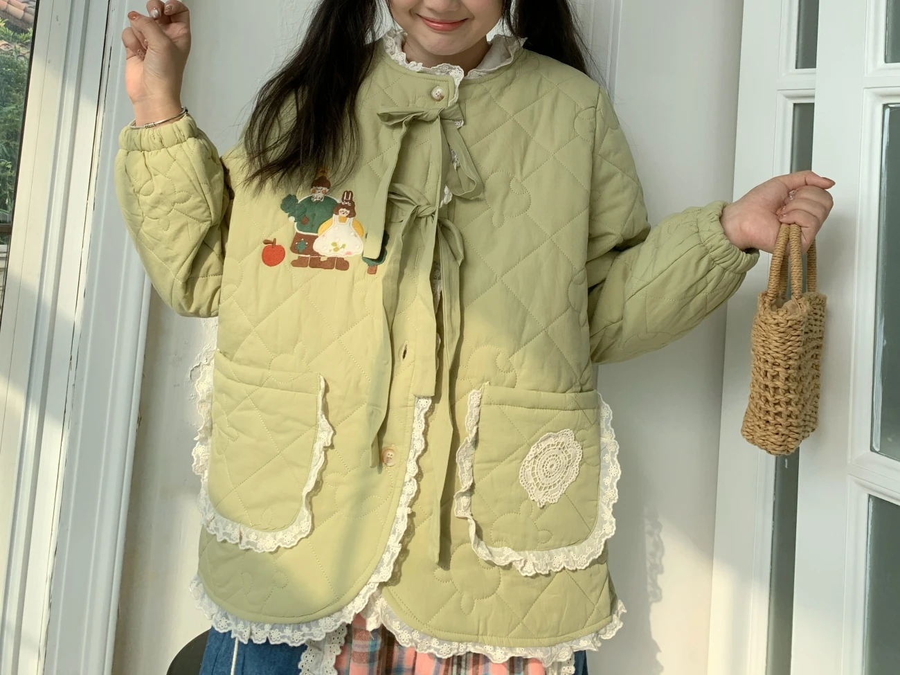 Winter Korean Fashion Sweet Lace Belt Cartoon Quilting Coat Harajuku Women Mori Girl Kawaii Cute Lolita Light Green Coat Parkas