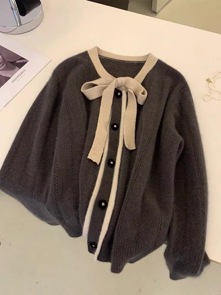 

Xiaoxiangfeng New Grey Knitted Cardigan Women's Autumn and Winter Gentle Wind Soft Sticky Color Contrasting Bow Sweater Coat