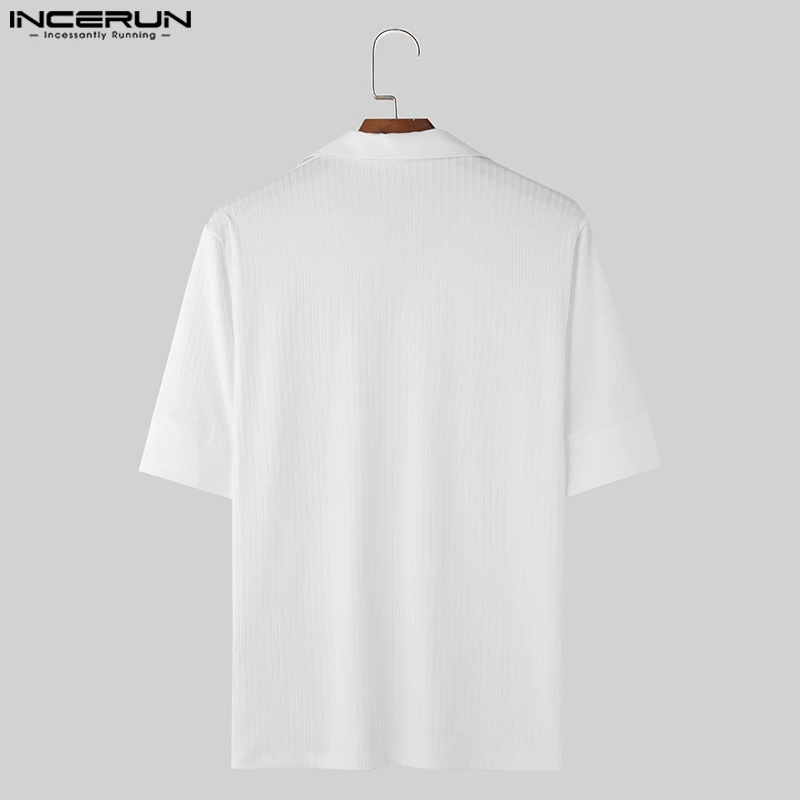 Handsome All-match Tops INCERUN Men\'s Striped V-neck Design Blouse Casual Streetwear Male Solid Short Sleeved Shirts S-5XL 2024