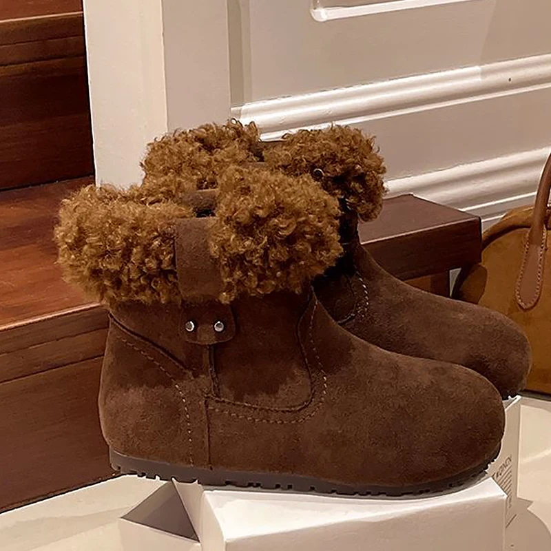 

2025 Women's Winter Boots Ugly Cute Big Head Suede Leather Snow Boots Women's Keep Warm Lamb Wool Fluffy Bottines Femmes