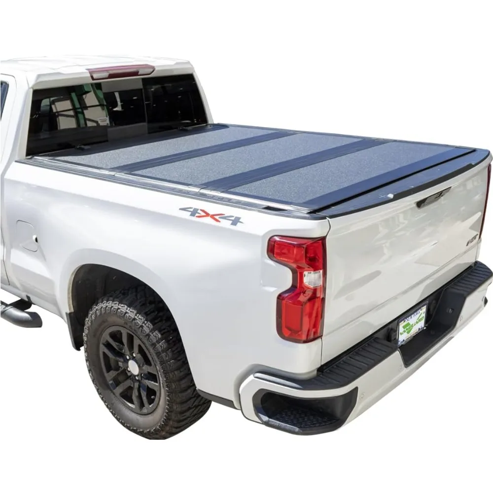 غطاء شاحنة صلب منخفض الطي ثلاثي الطي قابل للطي لسرير تونيو 2019-2025 تشيفي سيلفرادو/جي إم سي سييرا 5 بوصة 8 بوصة (69.6 بوصة)