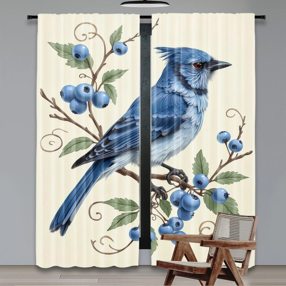 2D flat printing 2pcs Curtain Party Curtain Blue Jay and Berries Digital Printed Polyester Drapes Festive Curtains Perfect for