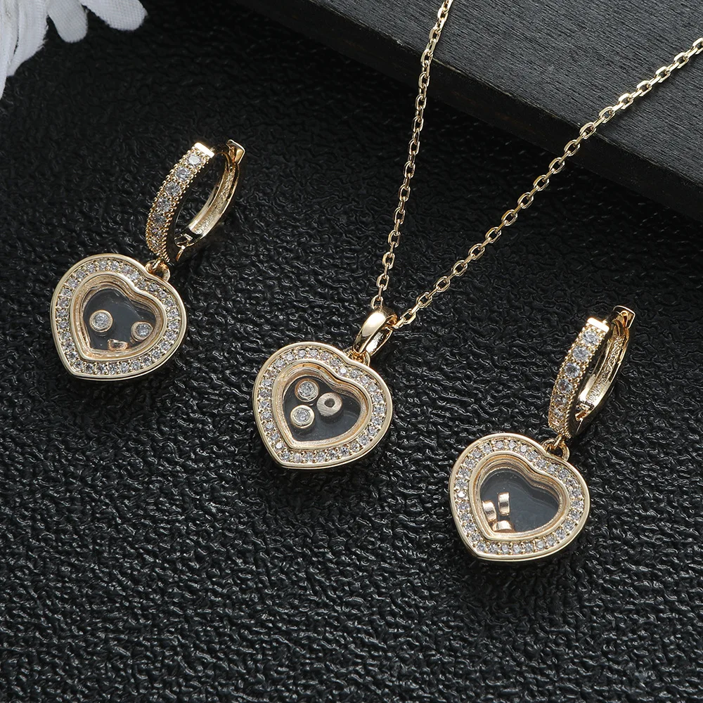 Fashion Luxury Full zircon 2 Pcs Necklace Earrings Set for Women High Quality Jewelry Heart Geometric Pendant jewelry Set Gift