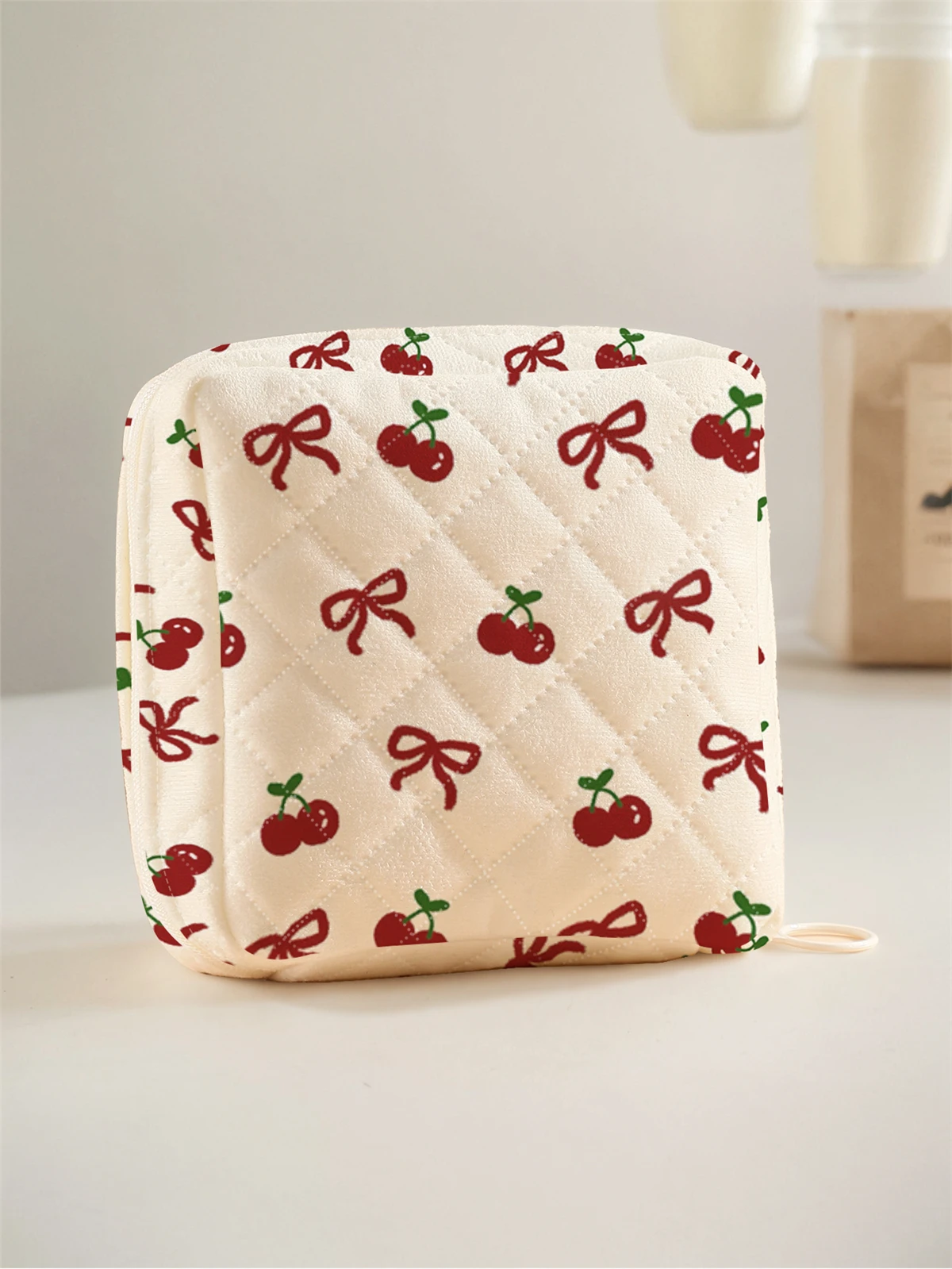 1 bolsa de almacenaje de pañuelos sanitarios portátil con patrón de lazo de cereza y material de malla de diamante, bolsa de pañuelos ligera para mujer