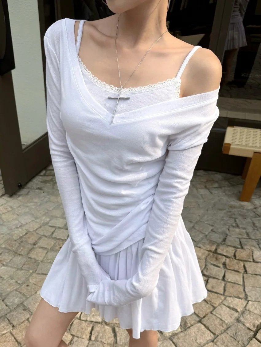 

Alien Kitty Women Casual Three Pieces Suits Daily Summer Sunscreen Full Sleeve T-Shirts Slim Camis Pleated Mini Skirts Sets