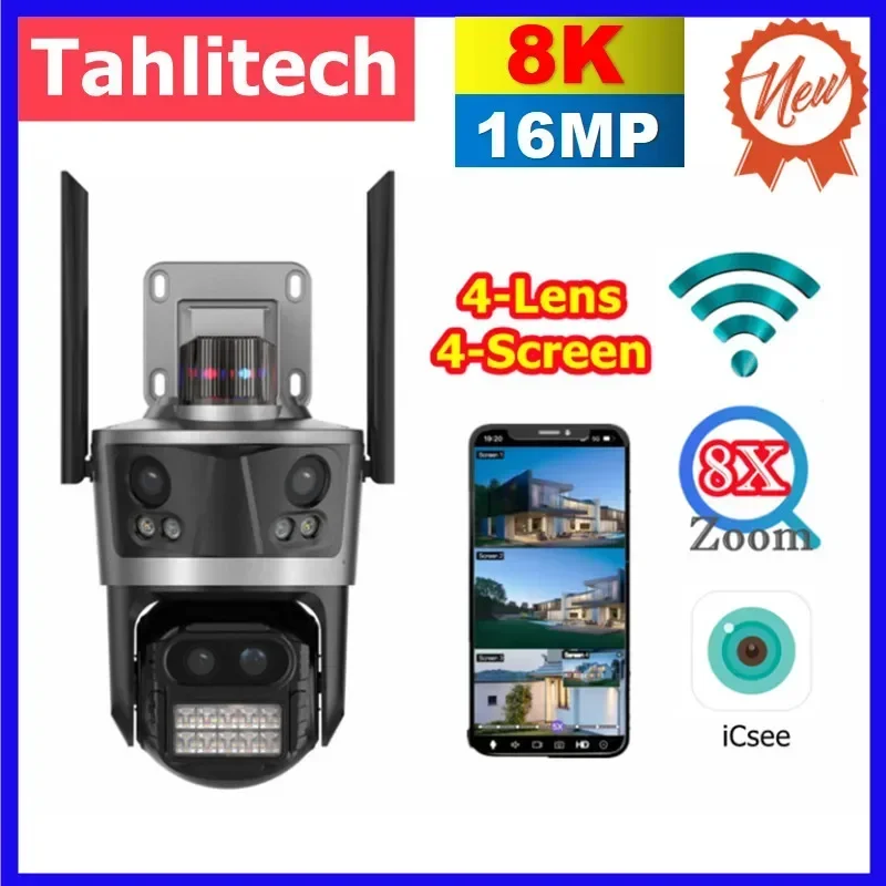 

WiFi Camera Outdoor 16MP Four Lens Four Screen Security CCTV Camera 8X Zoom Bluetooth Auto Tracking Video Surveillance ICsee