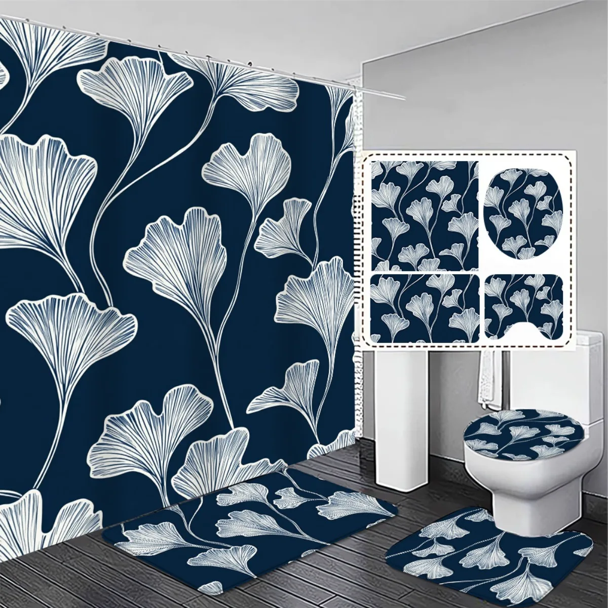

4pcs. Fresh and comfortable Elegant and High-Quality High Quality Shower Curtain with Matching Non-Slip Bath Mat Set
