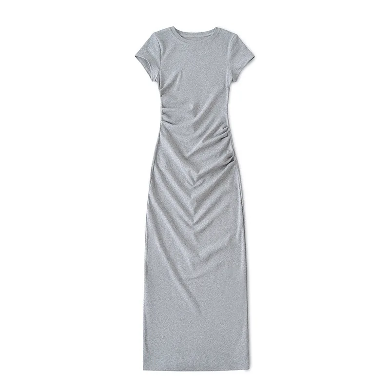 多用途な女性用ストライプ柄のおしゃれなフロントショルダープリーツ入り半袖ロングスカート