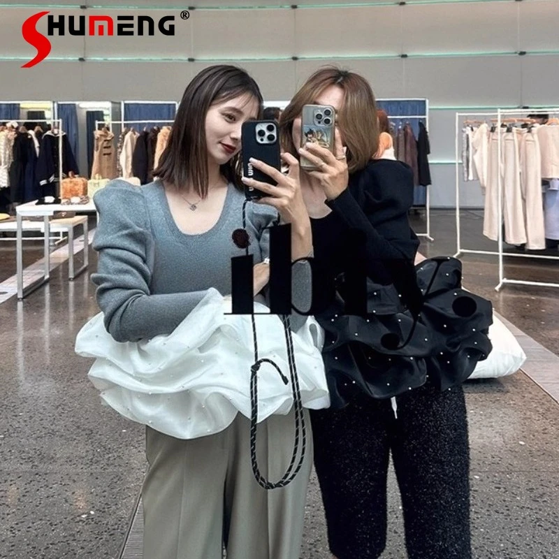 

Japanese Fashion Cloud Organza Patchwork Beaded Knit Top Spring Autumn New Women's Slim Fit Elegant Knit Pullover Lady Sweater