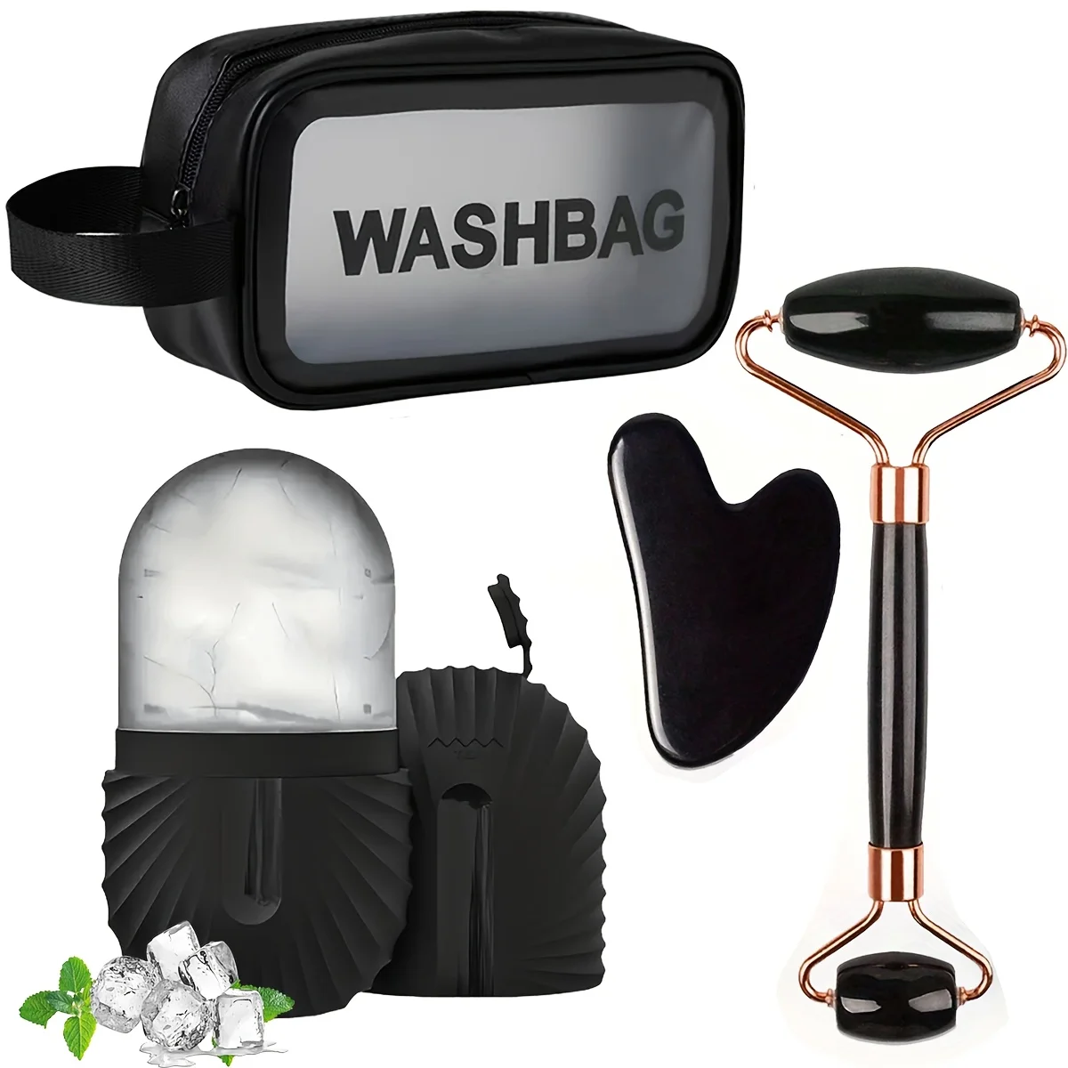 Juego de herramientas de masaje facial de 4 piezas, que incluye masajeador con rodillo, palito para paletas, tabla raspadora y bolsa de aseo. Herramientas para el cuidado de la piel