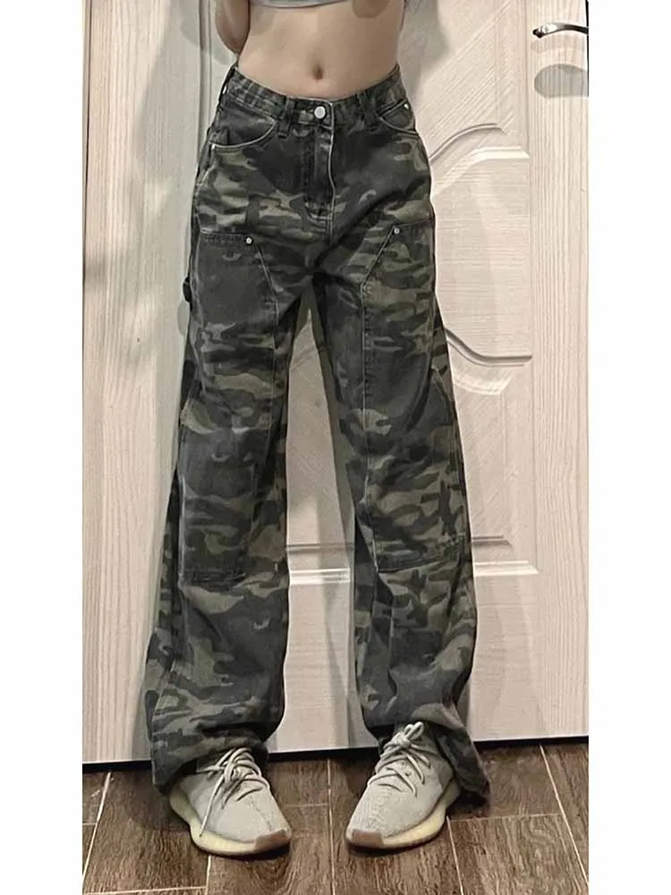 

American Retro High Waist Women's Jeans Spring Camouflage Design Unique Straight Leg Loose Wide Leg Trendy Casual Pants