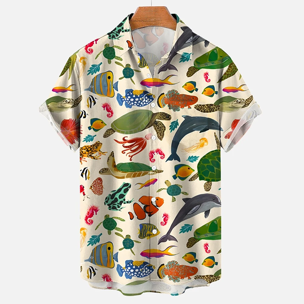 Fashionable summer turtle print shirts Hawaiian button shirts Men\'s summer beach short sleeved shirts Casual men\'s lapel shirts