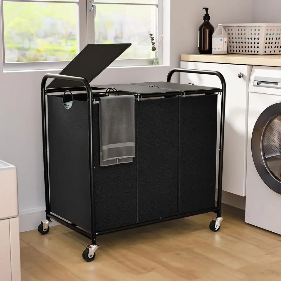 

47.55 Gal Laundry Sorter 3 Section, Rolling Laundry Basket with Lockable Wheels and Lid, Laundry Hamper with 3 Separated Removab