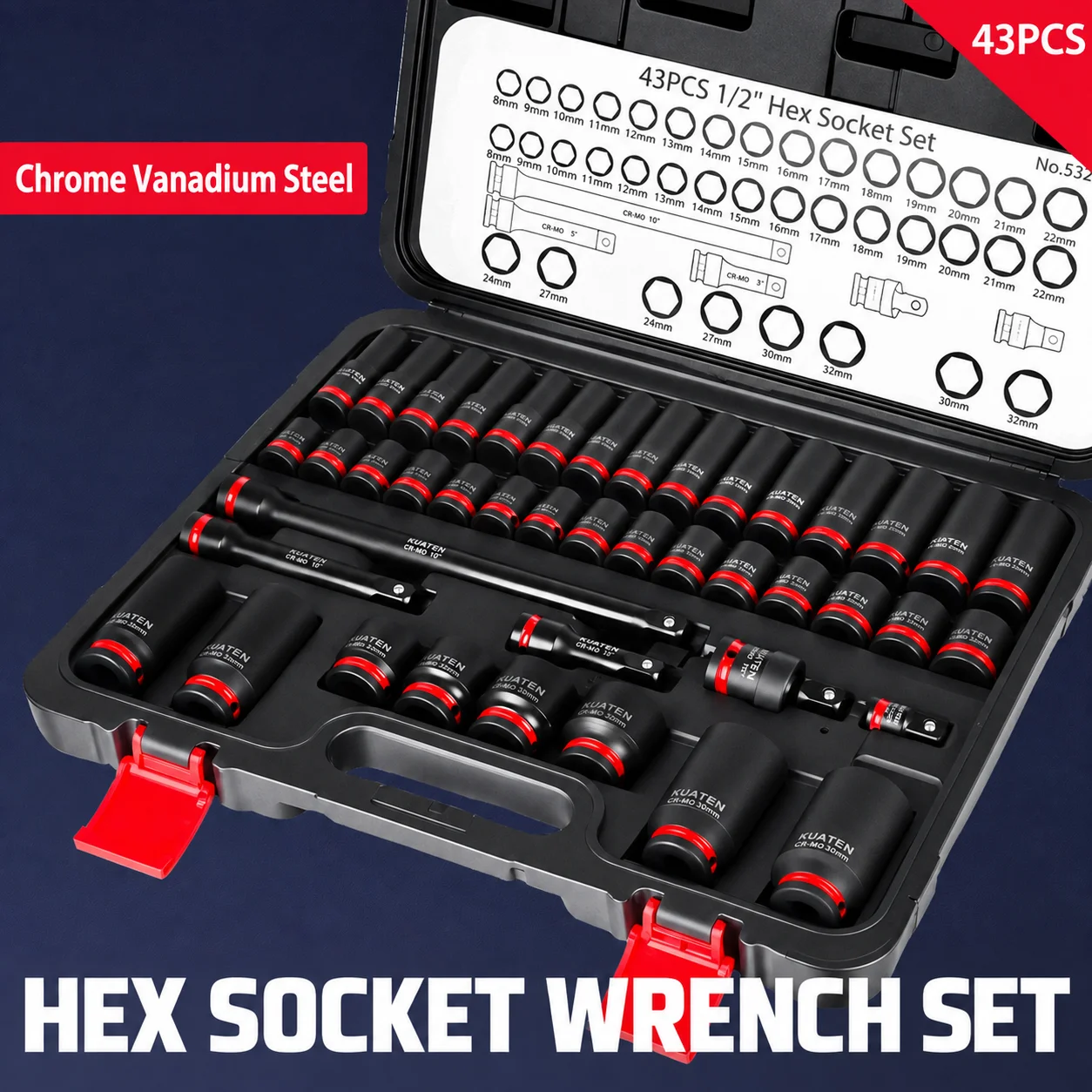 43PCS Cr-Mo Steel 1/2 Inch Drive Deep Impact Socket Set Hex Socket Tool Kit for Air Electric Impact Wrench Auto Repair