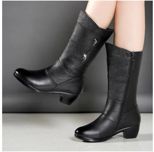 Women\'s Mother Female Ladies Leather Shoes Boots Botas Knee High Zipper Winter Warm Plush Mid Calf Plus Size Mid-calf Snow Boot