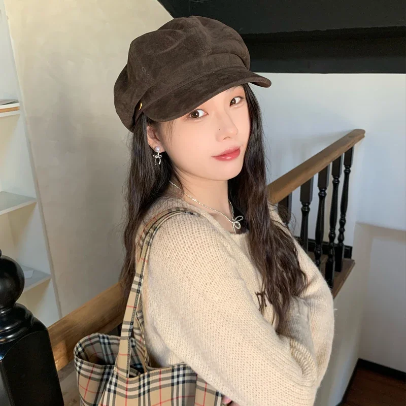 INS Vintage Suede Beret Octagonal Hats for Women Classic Beanies Cap Flat Brim Artist Berets Female Painter Cap Boinas Hombre