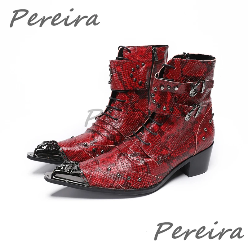 Luxury Genuine Leather Handmade Men Boots Red Snakeskin Pattern Rivets Chelsea Boots Metal Toe Belt Buckle High Heels Male Shoes