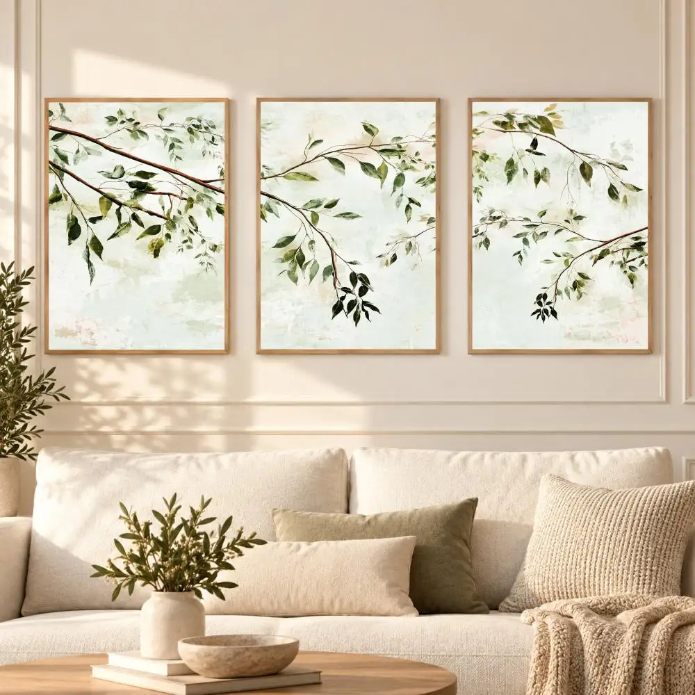 Watercolor Green Leaf Branches Botanical Painting Calligraphy 3 PCS Canvas Wall Art Prints for Living Room Decor Modern Decals