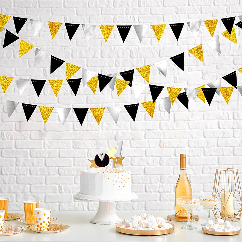 Black Gold Silver Pennant Banner Paper Dot Star Triangle Flags Bunting Garland Streamer Xmas Holiday New Years Party Decorations