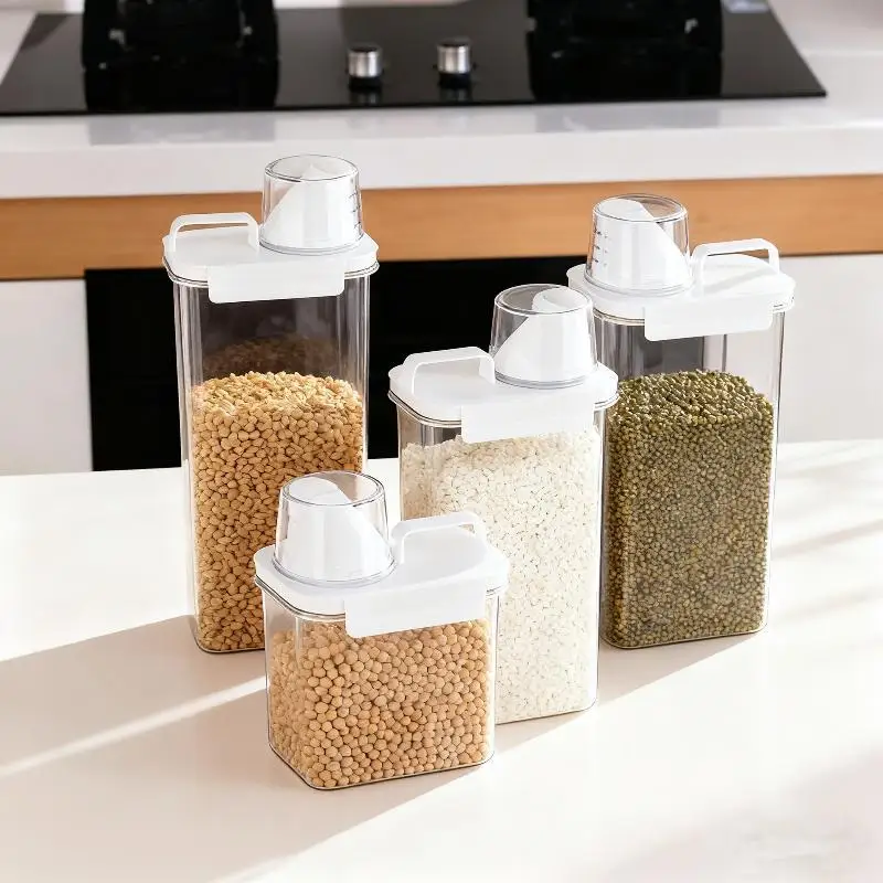 Plastic Food Storage Containers With Sealed Lids And Measuring Cup For Kitchen Rice Cereal Dry Food