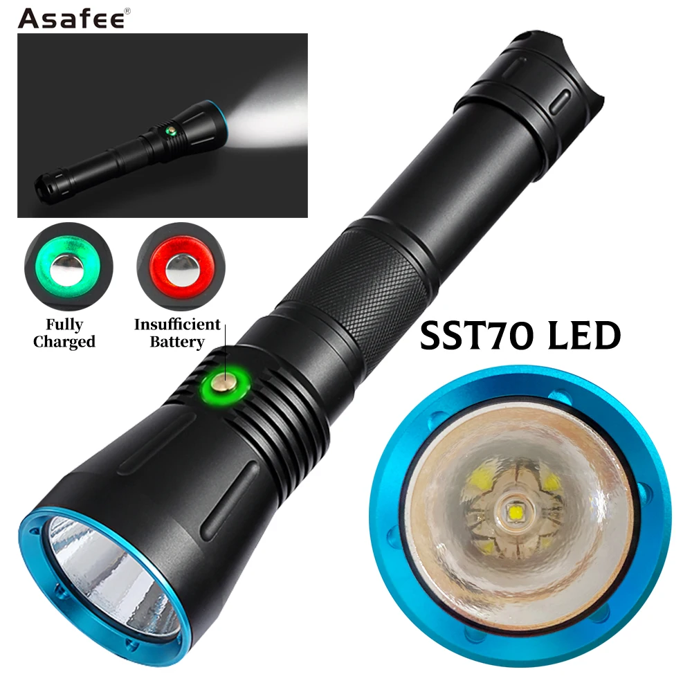 Asafee 50M Diving Flashlight XHP70/SST70 LED 4000LM Press Switch IPX8 Waterproof Scuba Torch 5 Modes Battery Display