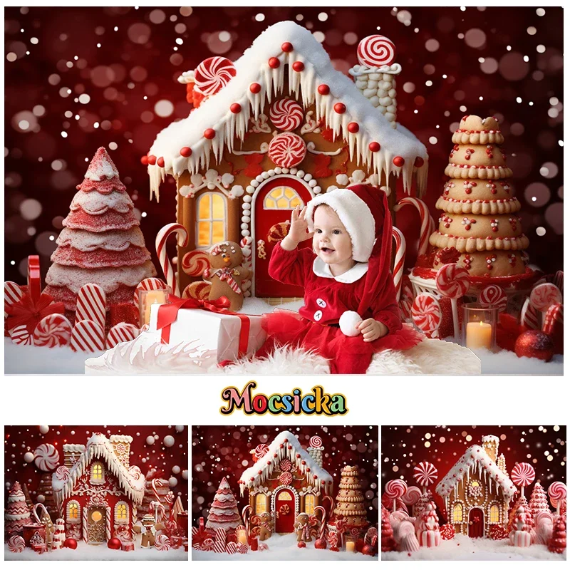 

Mocsicka Red Christmas Party Background Photography Newborn Kids Portrait Sweet Candy House Glitter Snowflake Decor Photo Studio