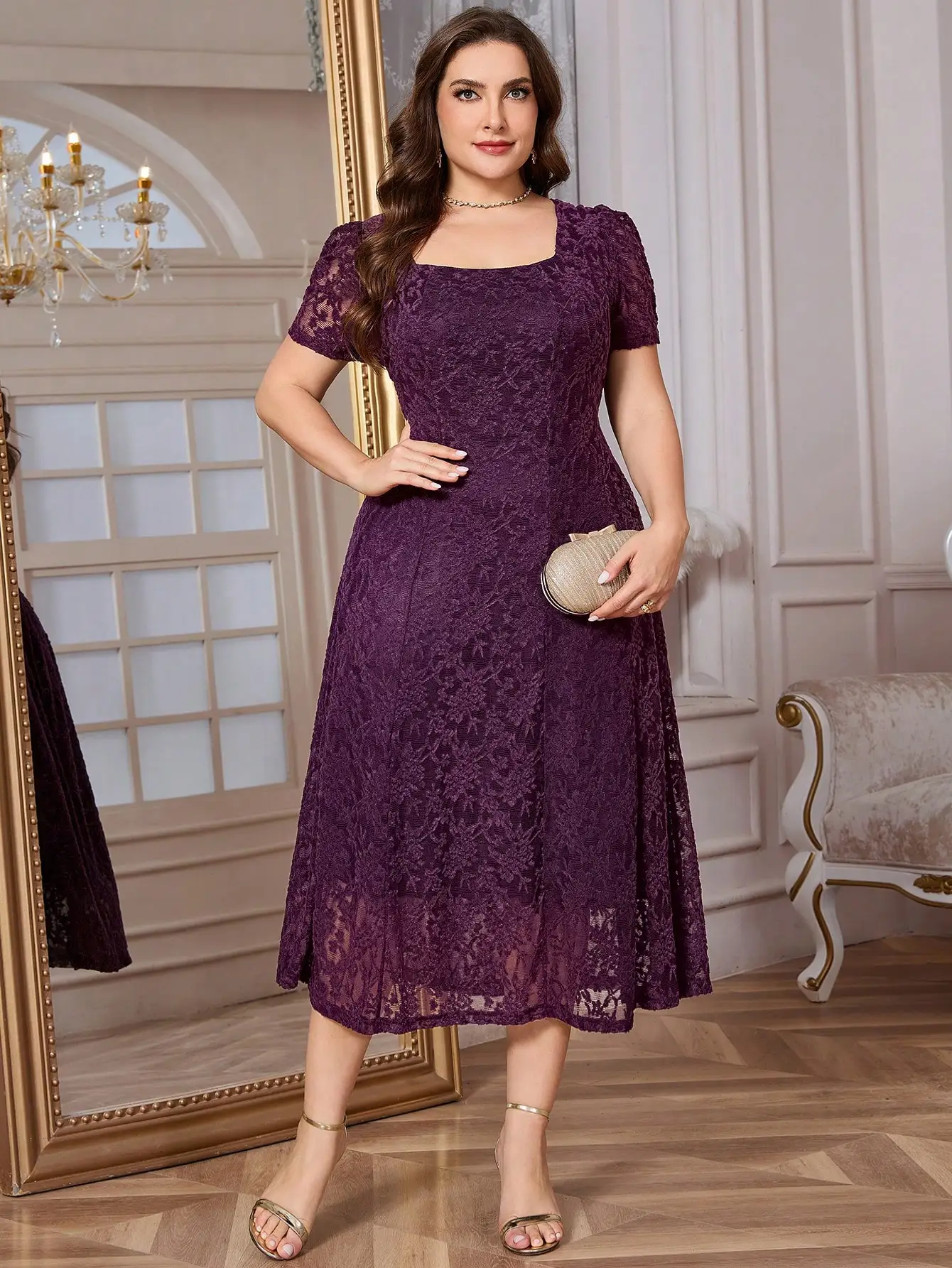 

Элегантное фиолетовое кружевное платье миди для женщин с квадратным вырезом и короткими рукавами для торжественных случаев